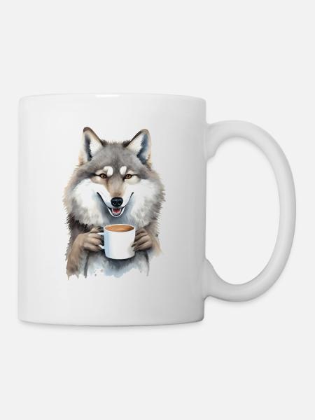 Wolf mit Kaffee -Aquarellstil - Tasse - Weiß