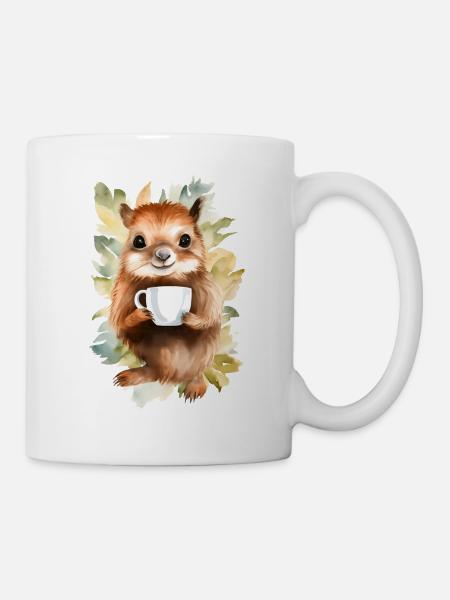Eichhörnchen mit Kaffee -Aquarellstil - Tasse - Weiß