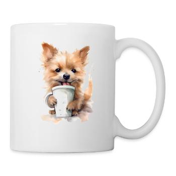 Yorkshire Terrier Hund mit Kaffee -Aquarellstil - Tasse - Weiß - Rechts