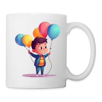Fröhliches Kind mit bunten Luftballons - Tasse - Weiß - Rechts