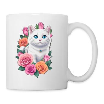 Katze mit Rosen - Tasse - Weiß - Rechts