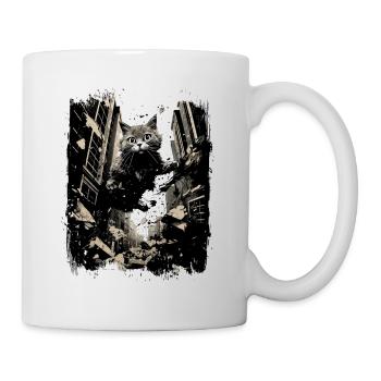 Katze Springt In Großstadt Zerstört Stadt Kunst - Tasse - Weiß - Rechts
