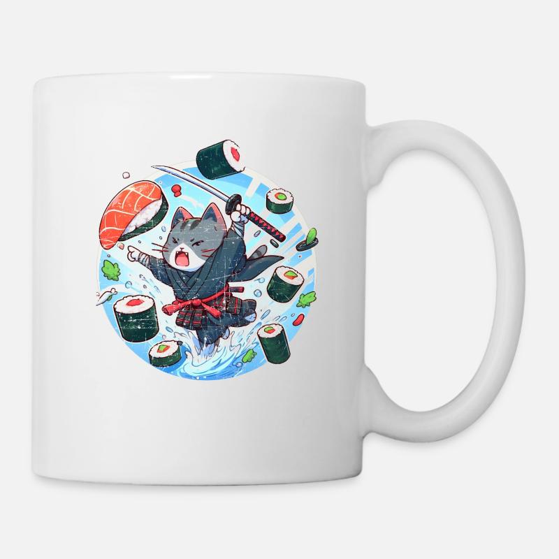 Le chat japonais aime les sushis kawaii - Mug blanc - blanc