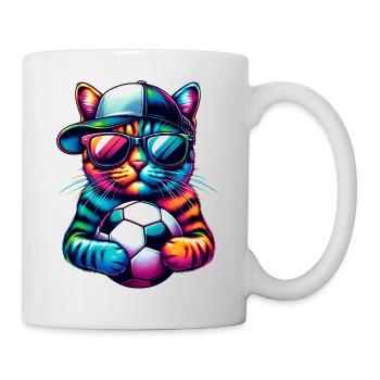 Bunte Fußballkatze bereit für das Spiel! - Fußball Kunst - Tasse - Weiß - Rechts