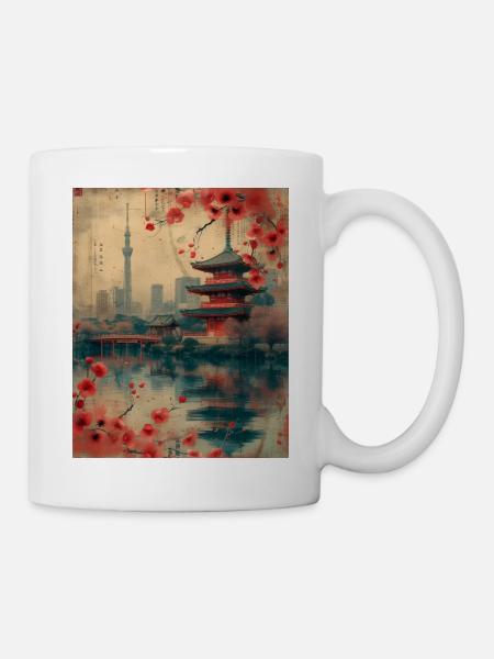 Harmonie orientale : Vintage Tokyo Skyline avec cerisier - Mug blanc - blanc
