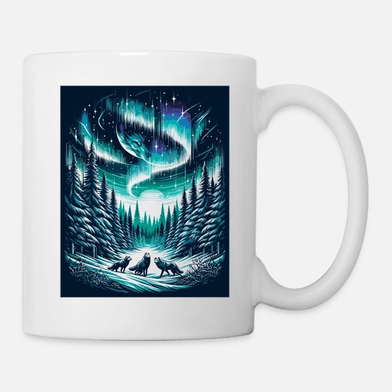 Mystische Nordlichter und Wolfsrudel - Tasse - Weiß