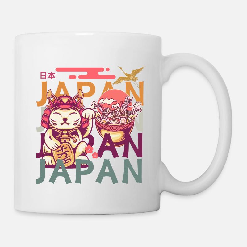 Shogun Cat, Waving Paw, Ramen, and Crane - Mug - white