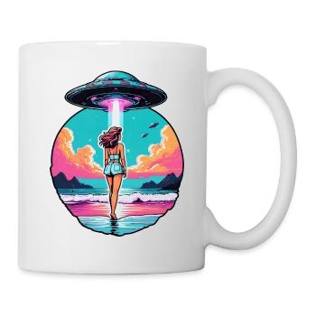 Woman at the shore walking towards a UFO. - Mug - white - Right