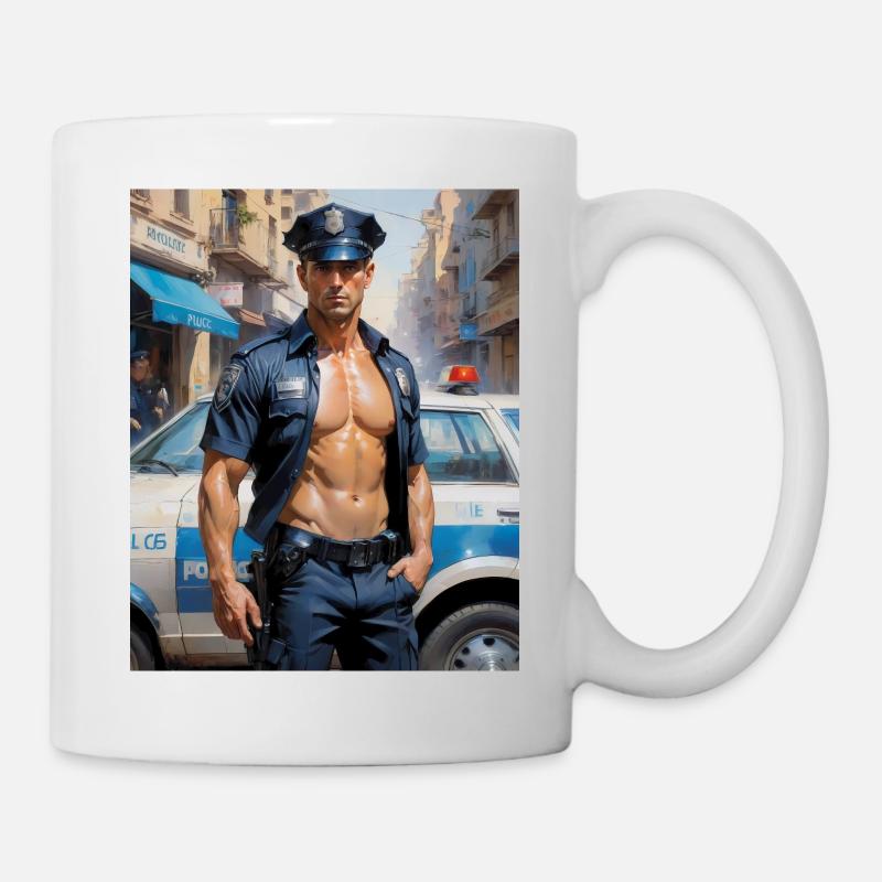 Hübsche Männer mit muskulösem Körper – Polizist - Tasse - Weiß