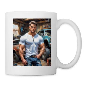 Hübsche Männer mit muskulösem Körper – Automechaniker - Tasse - Weiß - Rechts