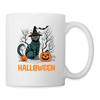 Halloween, Katze, Fledermäuse, Bäume und Kürbis - Tasse - Weiß - Rechts