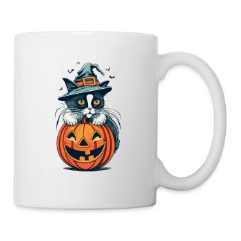Katze mit Halloween-Hut, die auf einem Kürbis sitzt - Tasse - Weiß - Rechts