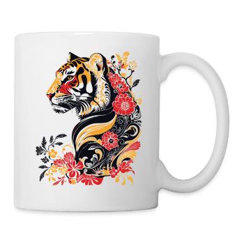 Jugendstil - bunter Tiger und Blumen - Tasse - Weiß - Rechts