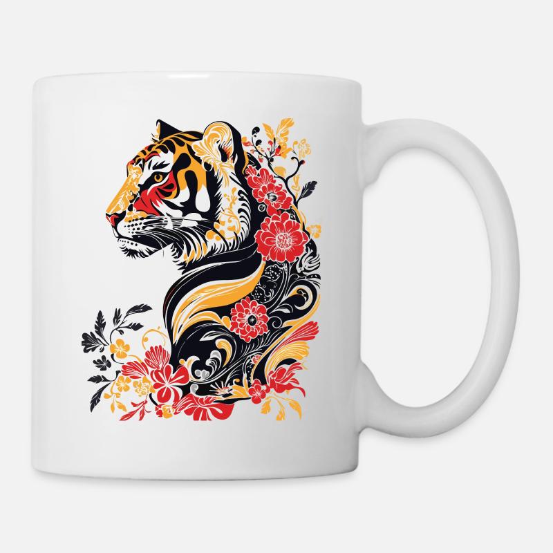 Jugendstil - bunter Tiger und Blumen - Tasse - Weiß