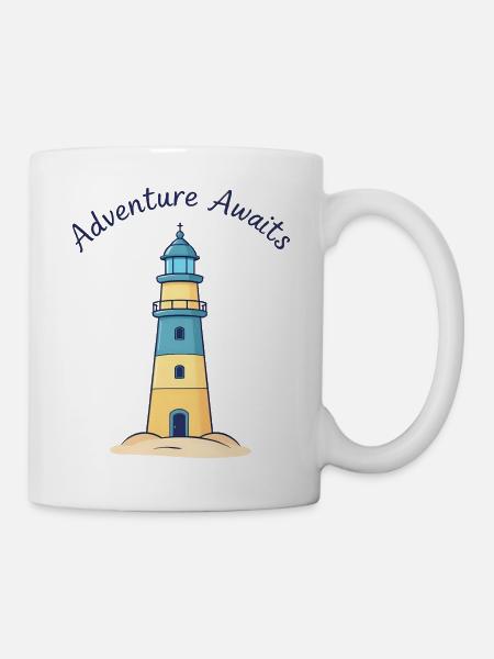 Vibrant Blue & Yellow Lighthouse on Sandy Beach - Mug - white