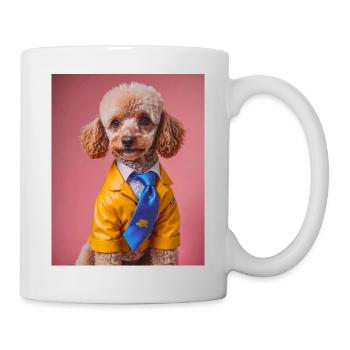 Poodle dog wearing yellow suit and a blue tie - Mug - white - Right