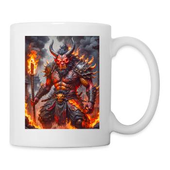 Grimmiger rothäutiger Oni schwingt eiserne Keule inmitten von - Tasse - Weiß - Rechts