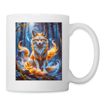 Eleganter mehrschwänziger Kitsune mit leuchtendem Fuchsfeuer - Tasse - Weiß - Rechts