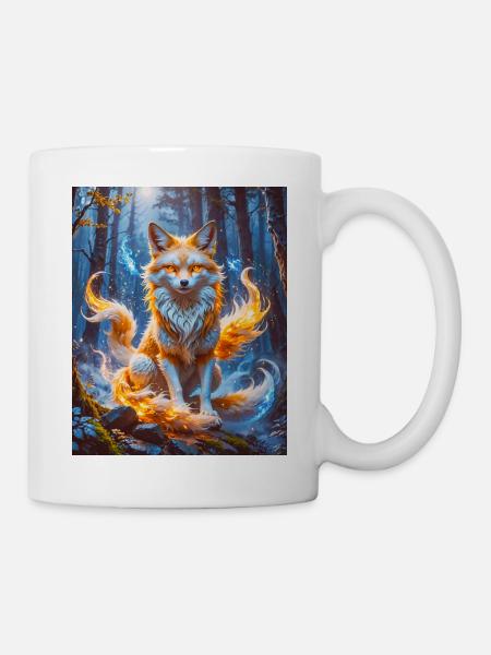 Eleganter mehrschwänziger Kitsune mit leuchtendem Fuchsfeuer - Tasse - Weiß
