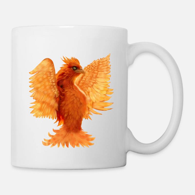 Simurgh: Neon Emerald Gaze, Feuriger Vogel - Tasse - Weiß