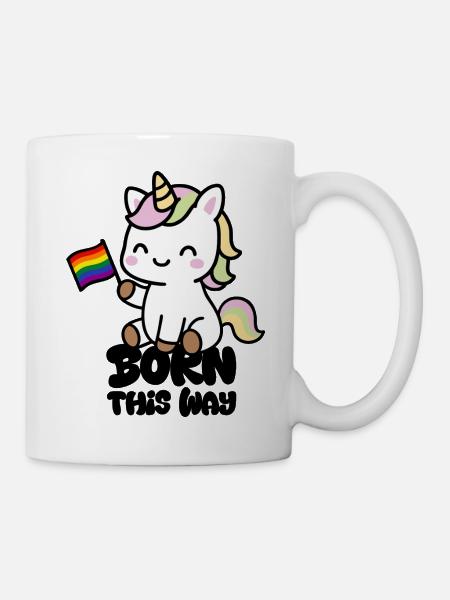 Kleines Einhorn mit Regenbogenfahne "Born this Way - Tasse - Weiß