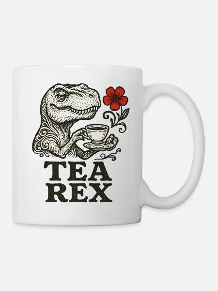 Dinosaurier mit Tee und Blumenakzent - Tasse - Weiß