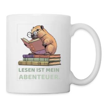 Capybara reading between stacks of books - Mug - white - Right