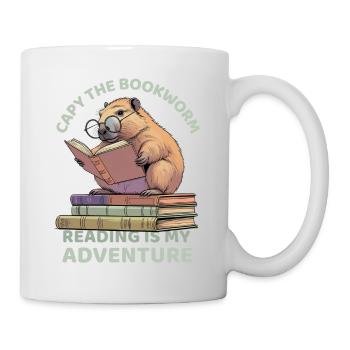 Capybara reading between stacks of books - Mug - white - Right