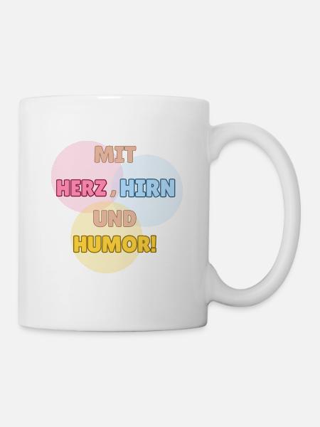 Herz, Hirn und Humor Motiv - Tasse - Weiß