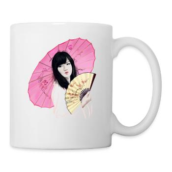 Asiatische Schönheit mit Pinkem Schirm - Tasse - Weiß - Rechts