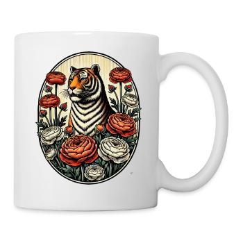 Tiger und Pfingstrosen Vintage Illustration - Tasse - Weiß - Rechts