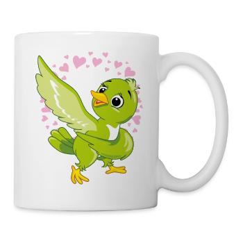 Cute happy green bird in a halo of hearts - Mug - white - Right