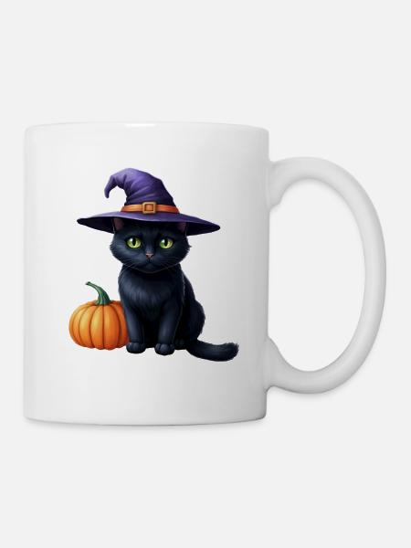 Witch cat with pumpkin - Mug - white