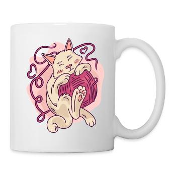Cute Cozy Cat Hugging Yarn Ball Cartoon - Mug - white - Right