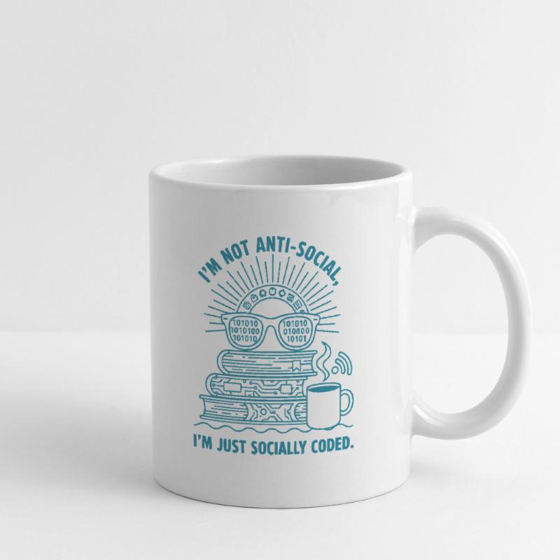 Socialement codé : livres, café et code Mug blanc