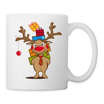 Happy reindeer with many Christmas gifts - Mug - white - Right