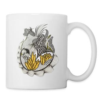 Schwarzweiß Blattmuster Gelbakzent - Tasse - Weiß - Rechts