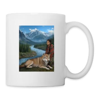 Wild mountain landscape with wolf and woman - Mug - white - Right