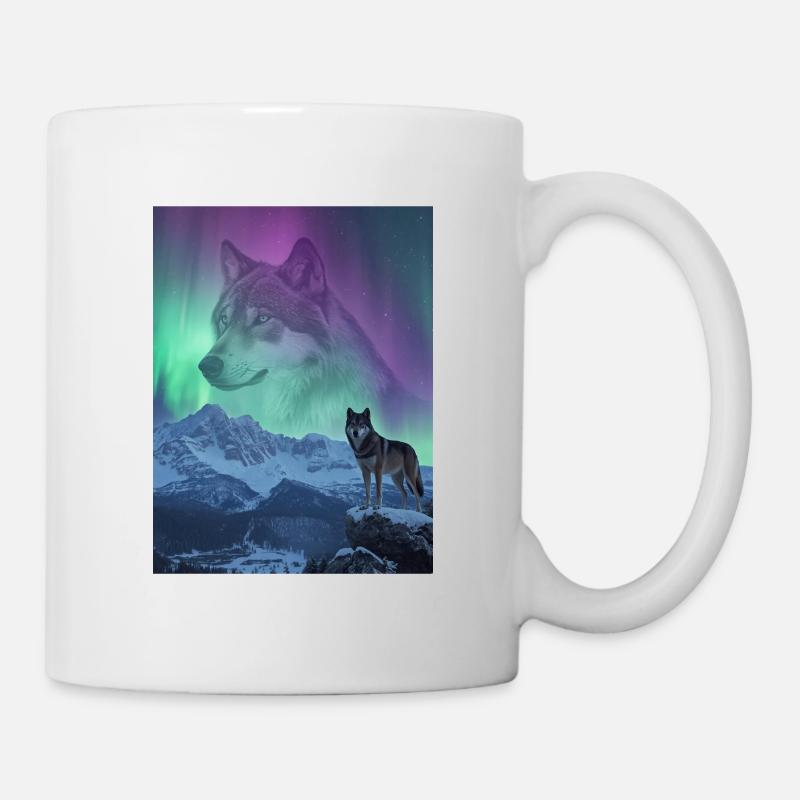 Northern Lights Wolf in the Mountains - Mug - white