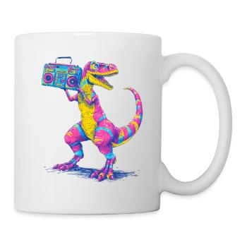 T-Rex mit Ghettoblaster im 90er Neon Stil - Tasse - Weiß - Rechts