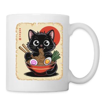 Kawaii Schwarze Katze isst japanische Ramen-Nudeln - Tasse - Weiß - Rechts