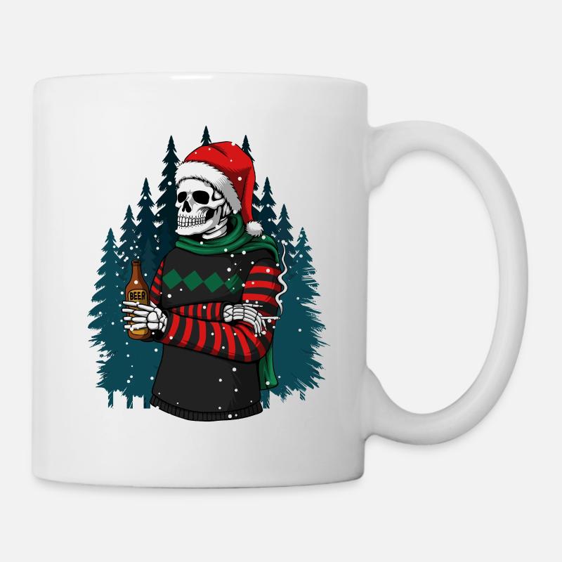 Skeleton in Santa hat drinking beer in winter forest - Mug - white