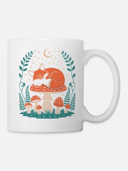 Schlafender Fuchs auf Pilz unter Sternenhimmel - Tasse - Weiß
