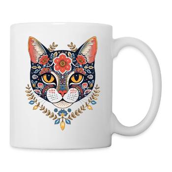 floraler Katzenkopf Kunstdesign - Tasse - Weiß - Rechts
