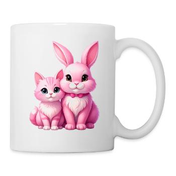 Pink rabbit and cat as plush toys - Mug - white - Right