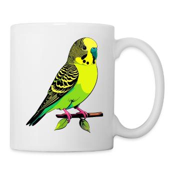 Neon Yellow-green Budgie Bird Sitting on Branch - Mug - white - Right