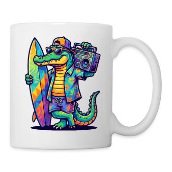 Surf Alligator mit Boombox und Surfboard Cartoon - Tasse - Weiß - Rechts