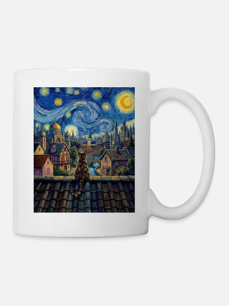 Tabby-Katze Sternennacht-Dorf-Kunst - Tasse - Weiß
