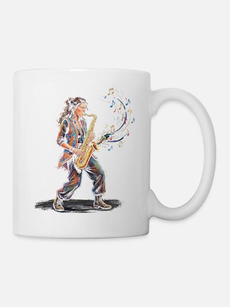 Weibliche Saxophonistin spielt Saxophon-Kunstdruck - Tasse - Weiß