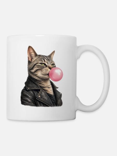 Cool cat with leather jacket - Mug - white